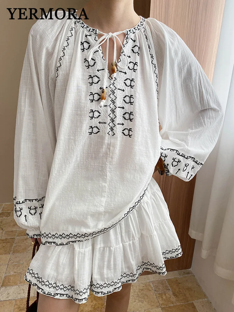 

YERMORA женский комплект из двух предметов, белая бандажная повседневная блузка с длинным рукавом, свободная новая юбка до половины тела, модная весна-осень 2025