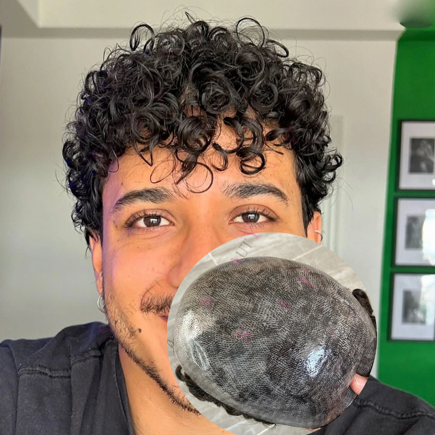 

Durable 20mm Curly Managable Skin Full PU Natural Hairline Men Toupee Jet Black Brown #4 Human Hair Prosthesis Hairpiec Male Wig