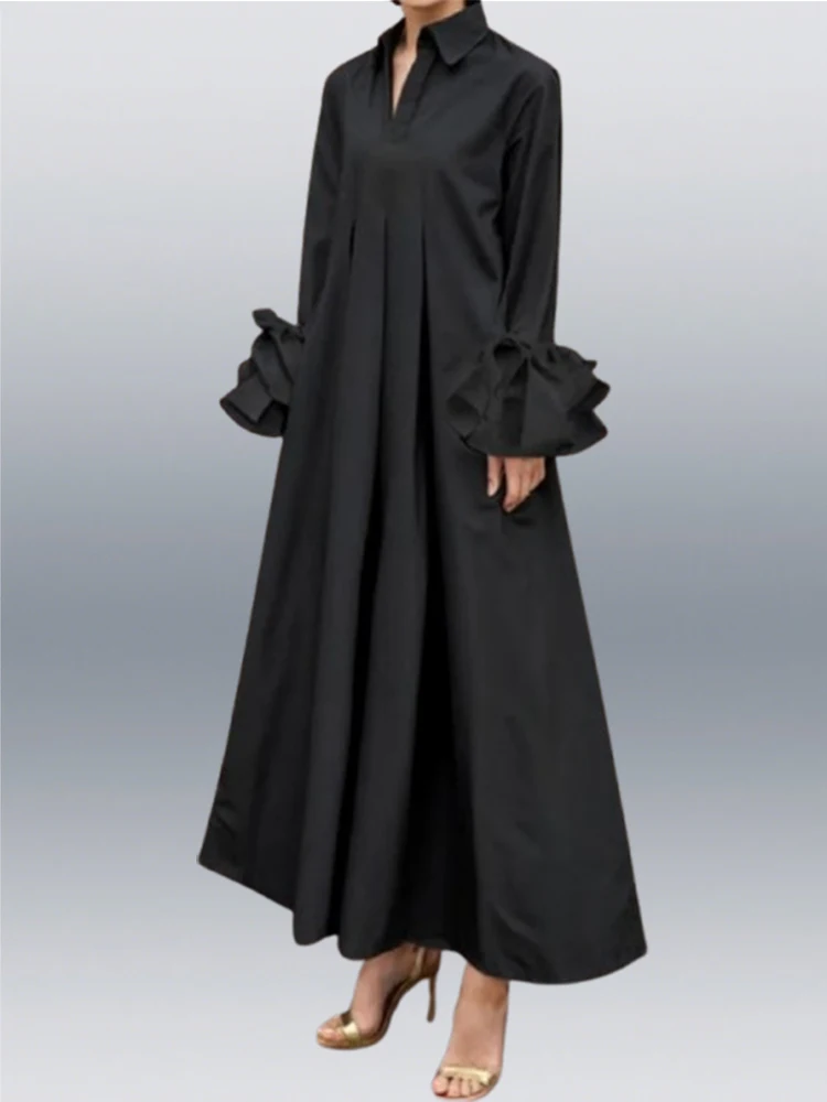 

Gymystars Women's Summer Dress Ankle-length Pleated Shirt Dress 2025 Elegant Flared Sleeves Black White Lapel Maxi Dresses