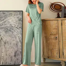 2Pcs/Set Women Sleepwear Set Colorfast O-neck Short Sleeve Leisure Outfit  Ice Silk T-shirt Elastic Waistband Pants Loungewear