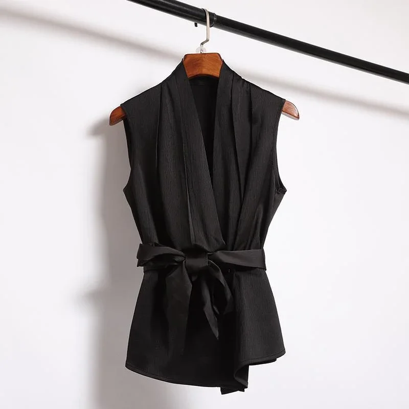 

Lacing Bow Chiffon Simplicity Elegant Shirt Tops Summer New Sleeveless Solid Temperament Blouse Office Fashion Women Clothing