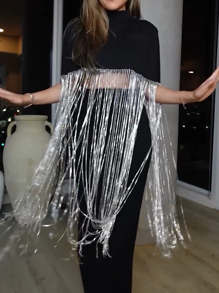 

Fashion Stand Collar Cape Pullover Tops Elegant Tassels Splicing Club Party Blouse Women's Casual Shining Solid Color Loose Tee