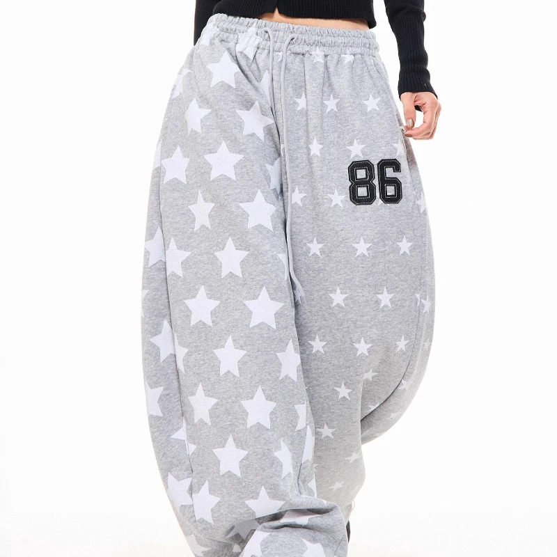 الأمريكية الرجعية ستار طباعة رمادي المرأة Sweatpants 2025 الخريف جديد فضفاض الحلو كول واسعة الساق الرياضة عادية الطابق بنطلون السيدات #6