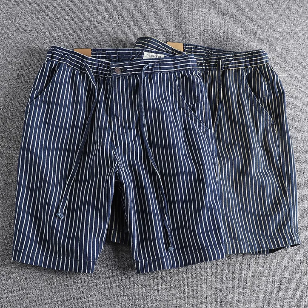 Vintage Striped Denim Shorts for Men with Loose Fit and Five-Inch Inseam