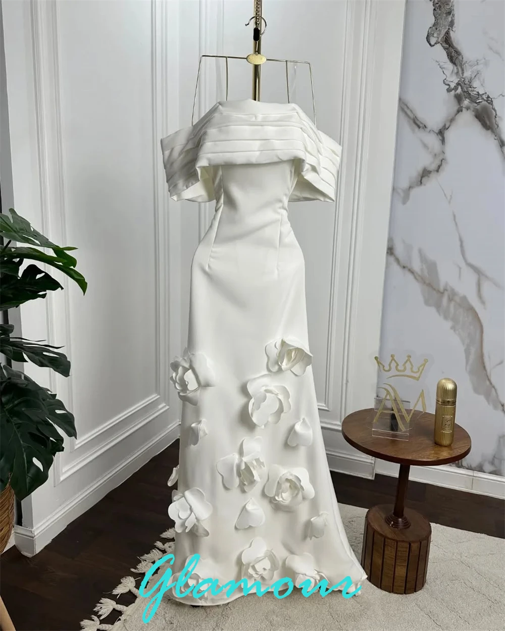 Customized Delicate White Jersey Evening Dress Exquisite Off the Shoulder Flowers Sweep Train Party Dress Vestido De Festa