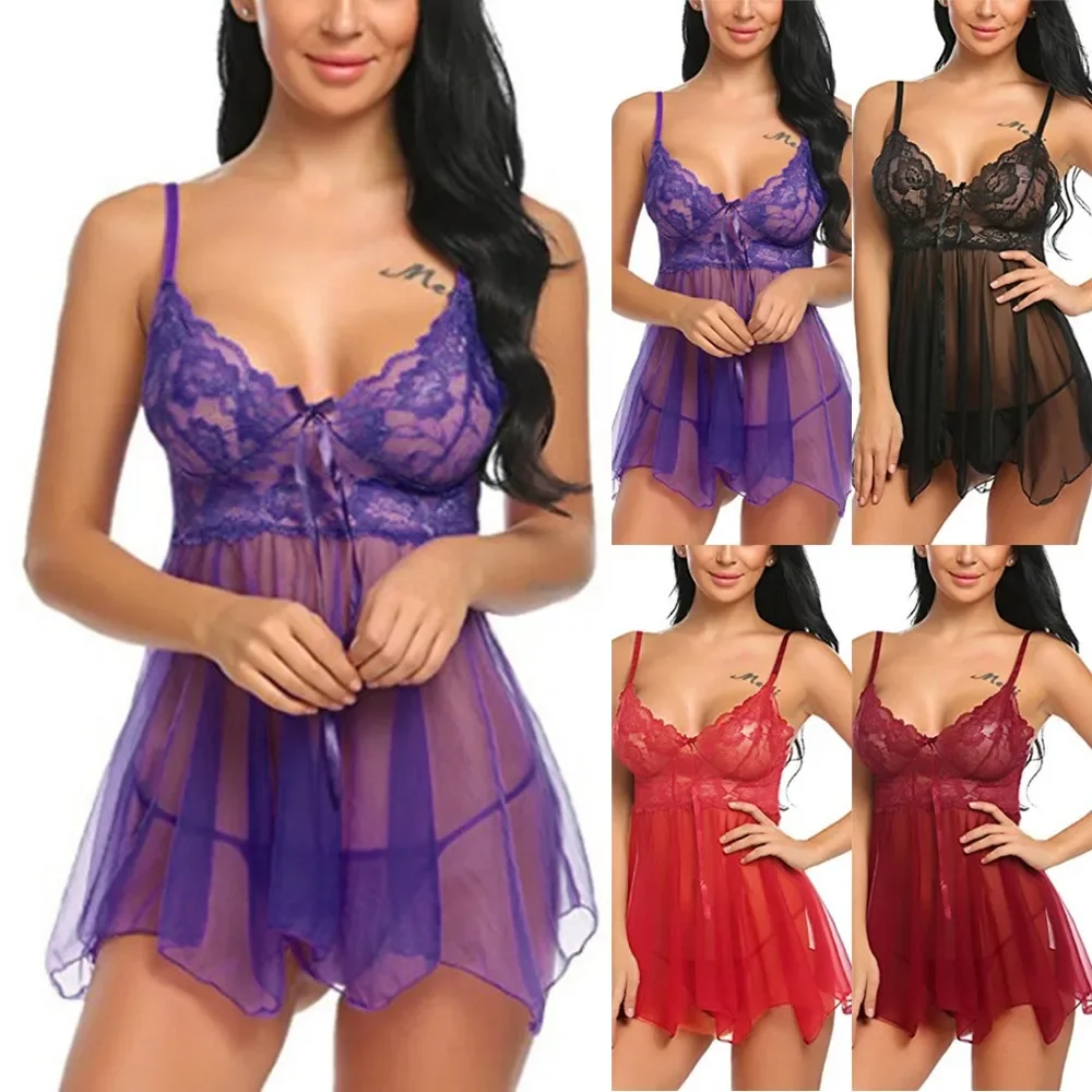 

Women's Sexy Lingerie See Through Nightdress Front Slit Lace Dress Sleepwear Ladies Chemise Nightgown Underwear