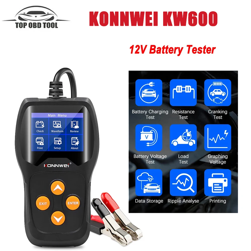 

2024 KONNWEI KW600 12V Car Battery Tester 100 to 2000CCA 12 Volts Battery Tools for the Car Quick Cranking Charging Diagnostic