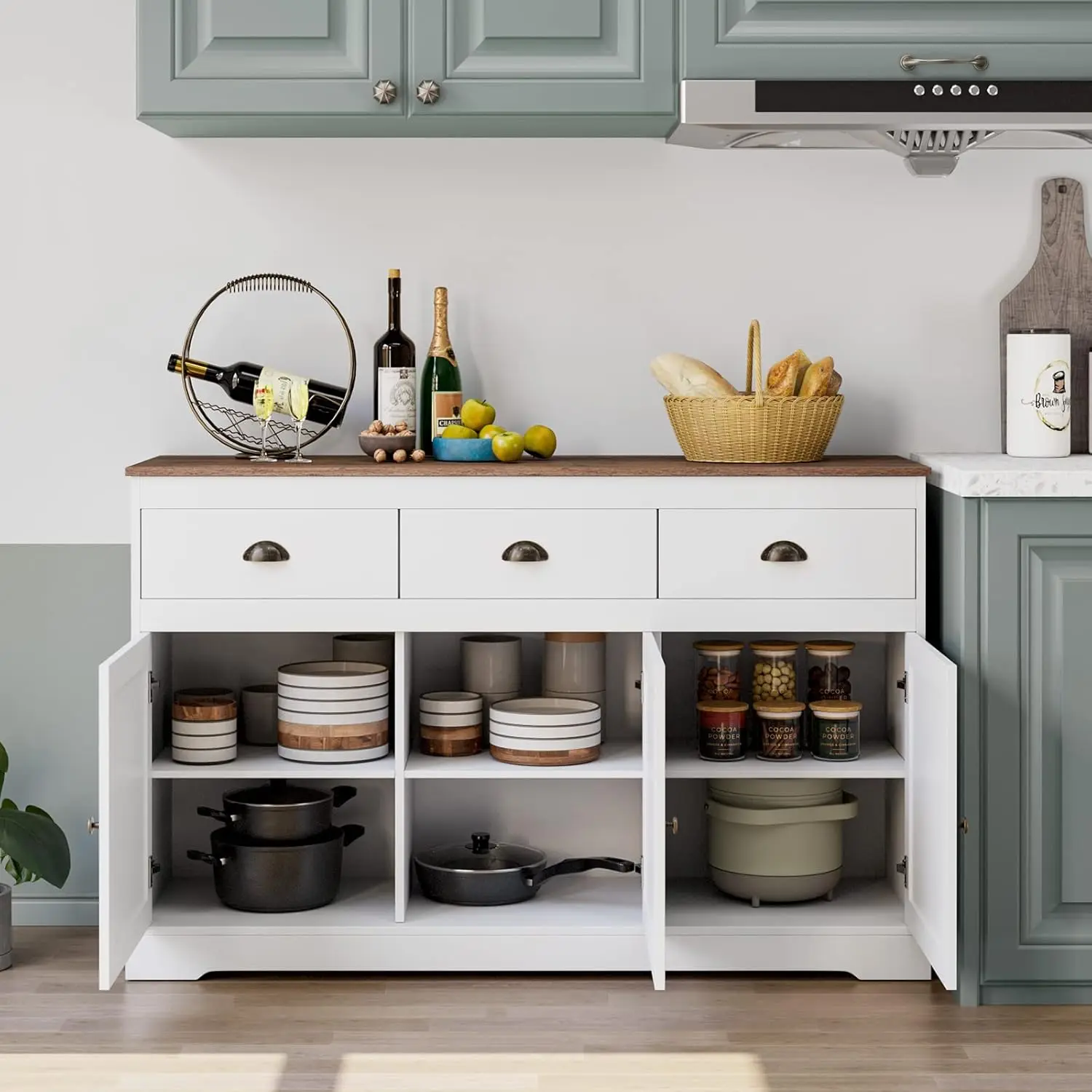 

White Buffet Cabinet Storage Sideboard Farmhouse Server Bar Wine Cabinet with 3 Drawers & 3 Doors Adjustable Shelves