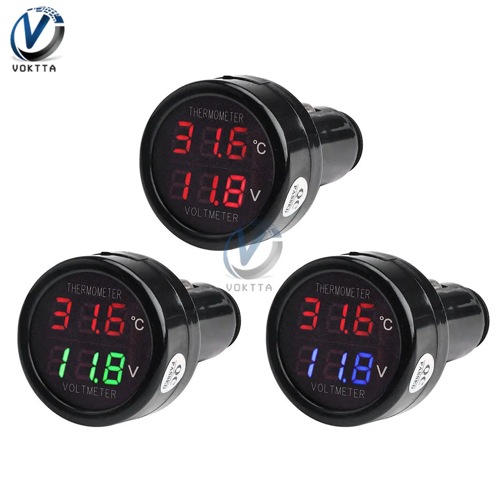 DC 12V 24V Digital Car Voltmeter Thermometer Cigarette Lighter Style 2 in1 Battery Monitor Voltage Temperature Meter Volt Tester