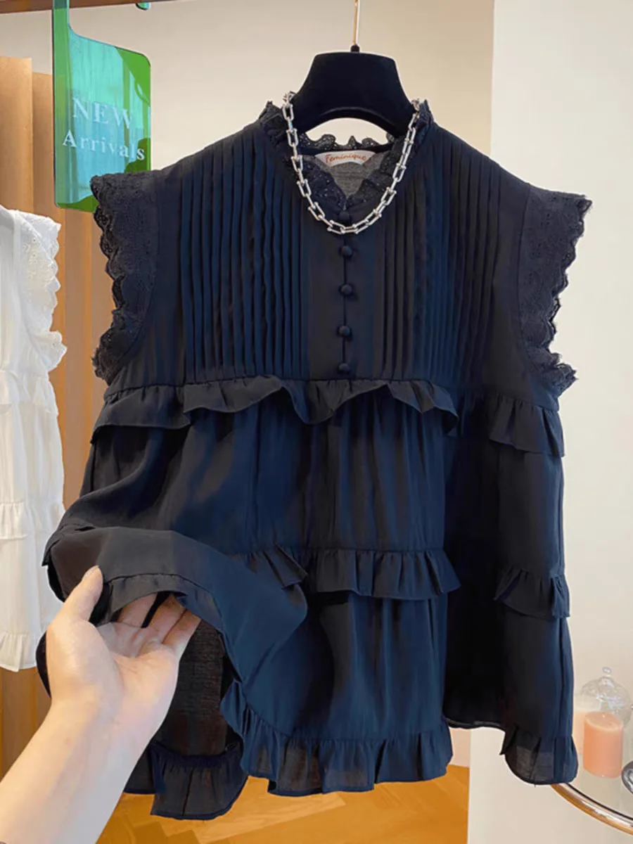 Summer New Women's Pleated Lace Splice Stand Collar Flying Sleeve Loose Doll Shirt Top Korean Style Commute Wind Regular Thic...