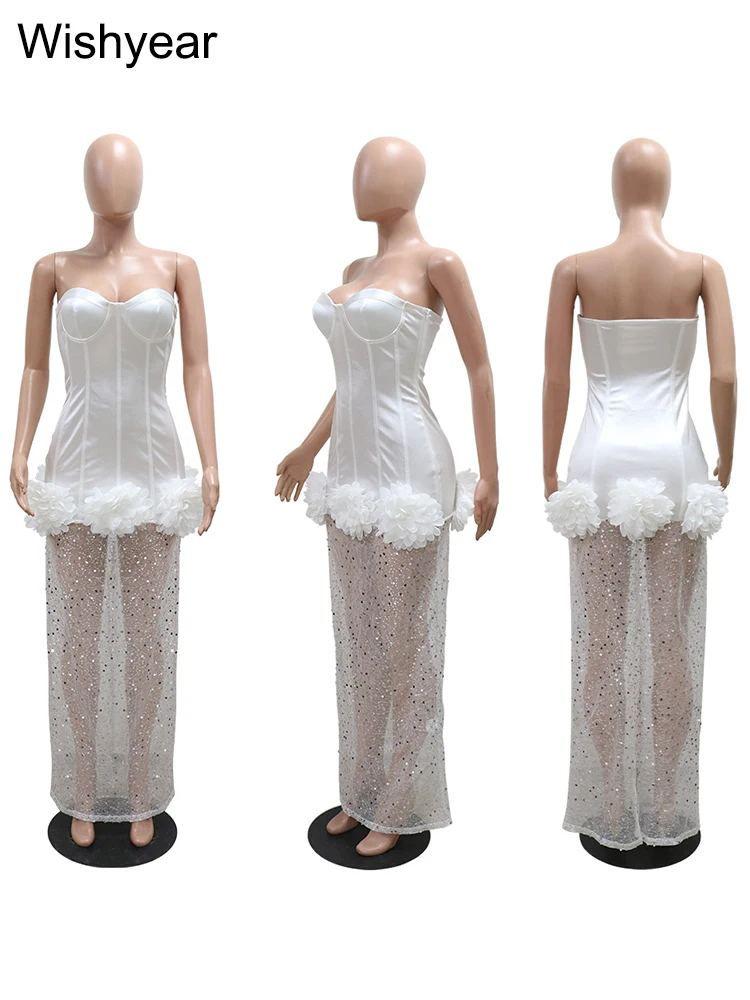 Wishyear Women‘s Strapless Mesh Stain 3D Flower Sequin Off Shoulder Split Long Dress Sexy Birthday Party Even Vestidos Luxury