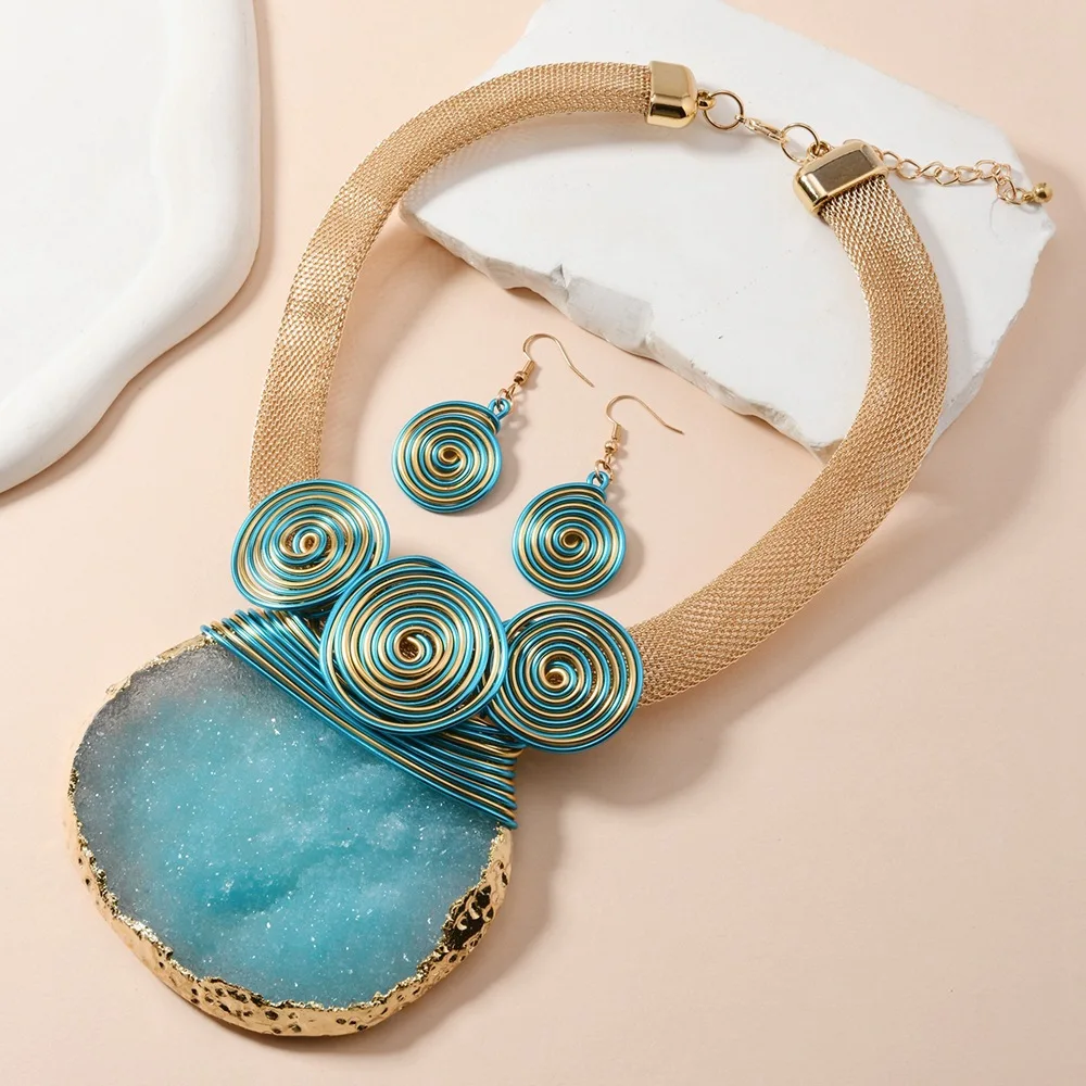 

African Colorful Crystal Rhinestone Jewelry Set for Women Aluminium Wire Necklace Earrings Set Girls Party Wedding Dress