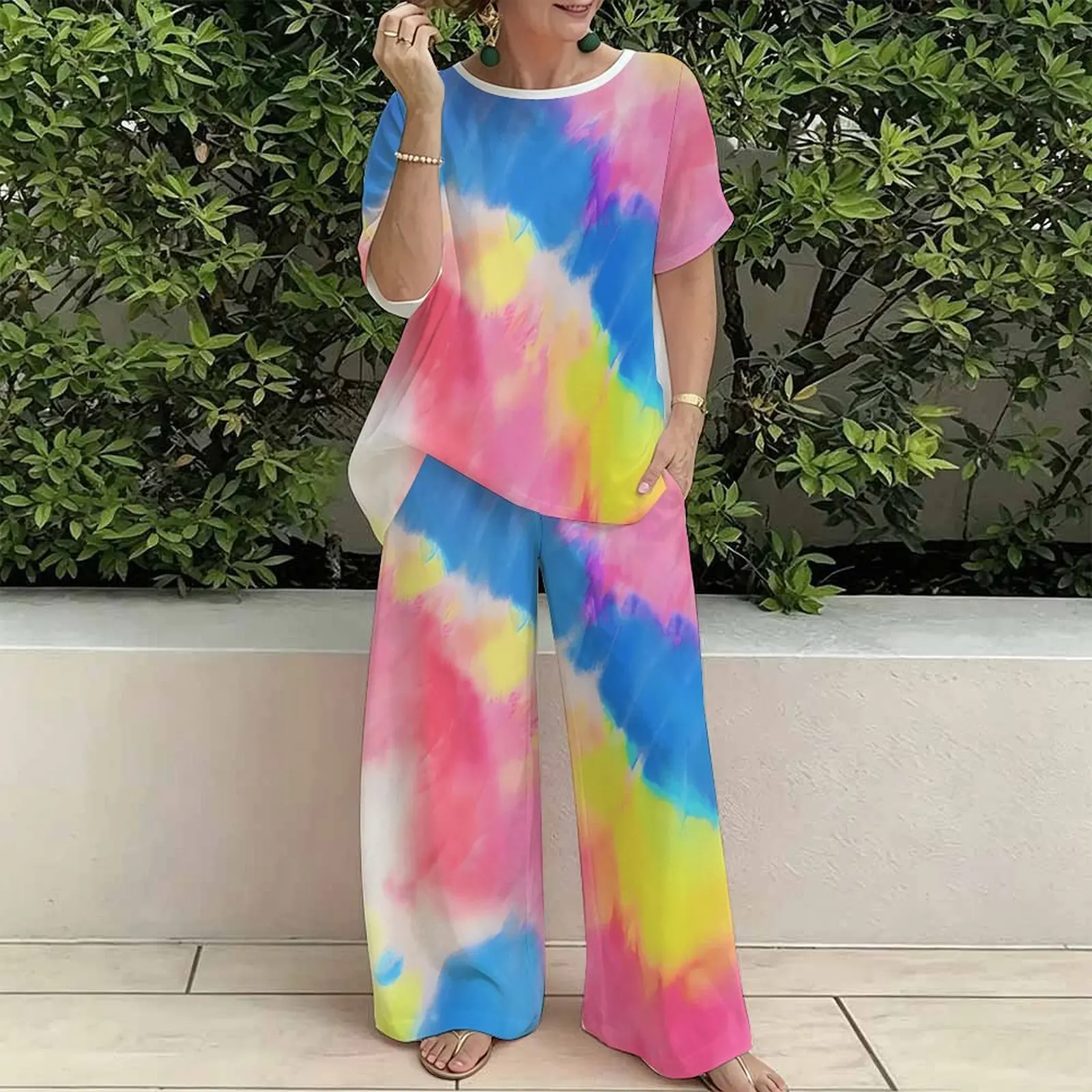 Plus Size Women Spring/summer Fashion Print Two Piece Set  Exercise Round Neck T-shirt Casual Vacation Sweatpants