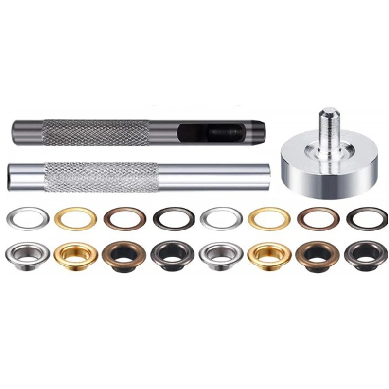 AT19-200 Set 6 Mm Metal Grommets Eyelets Kit With A Base And Punch Hole Tool And Installation Tool Repair With Plastic Box