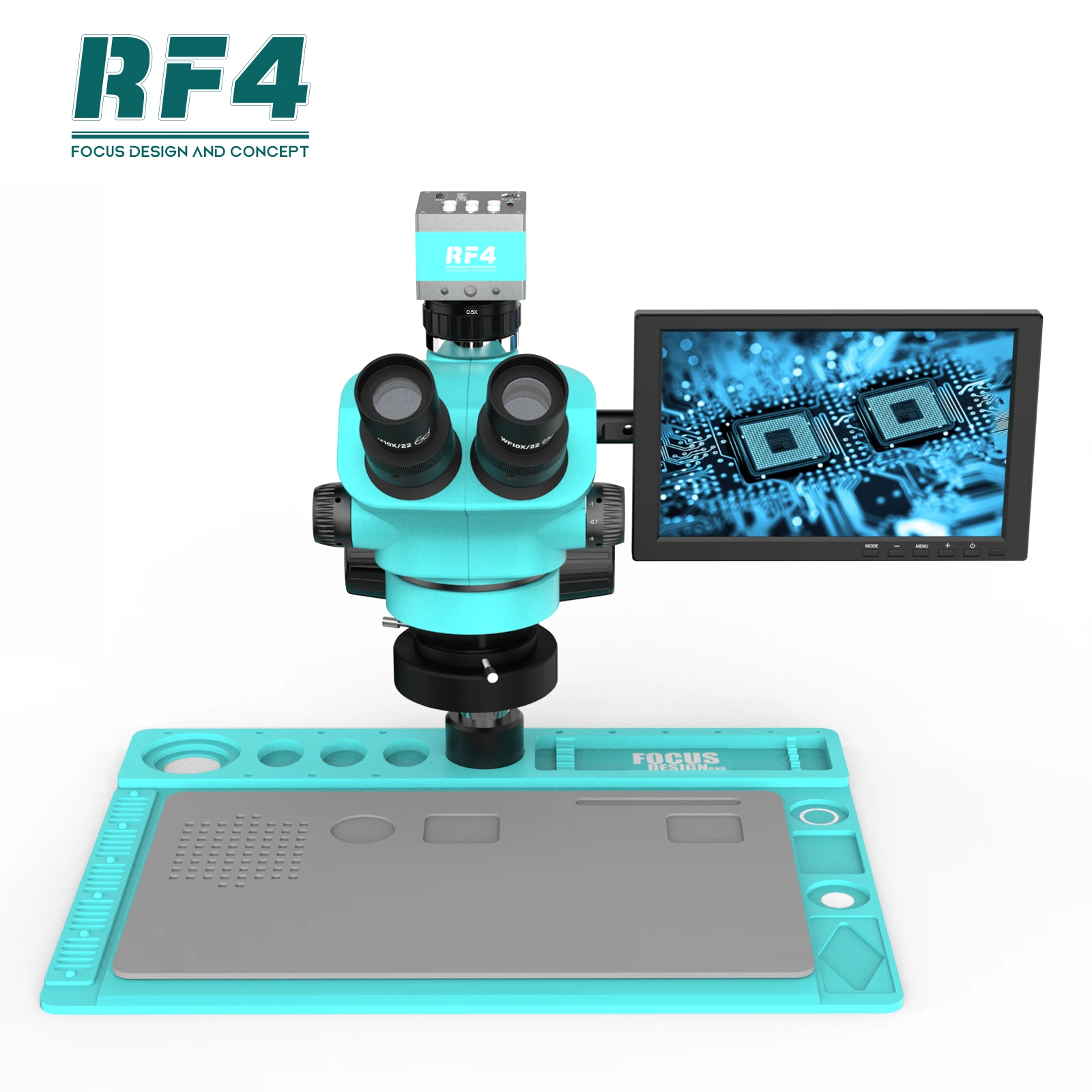 RF4 7-50X trójokularowy zoom przemysłowy 2K kamera HDMI elektroniczny mikroskop naprawczy 10.1 Cal Monitor RF7050TVD2-2KC2-S010