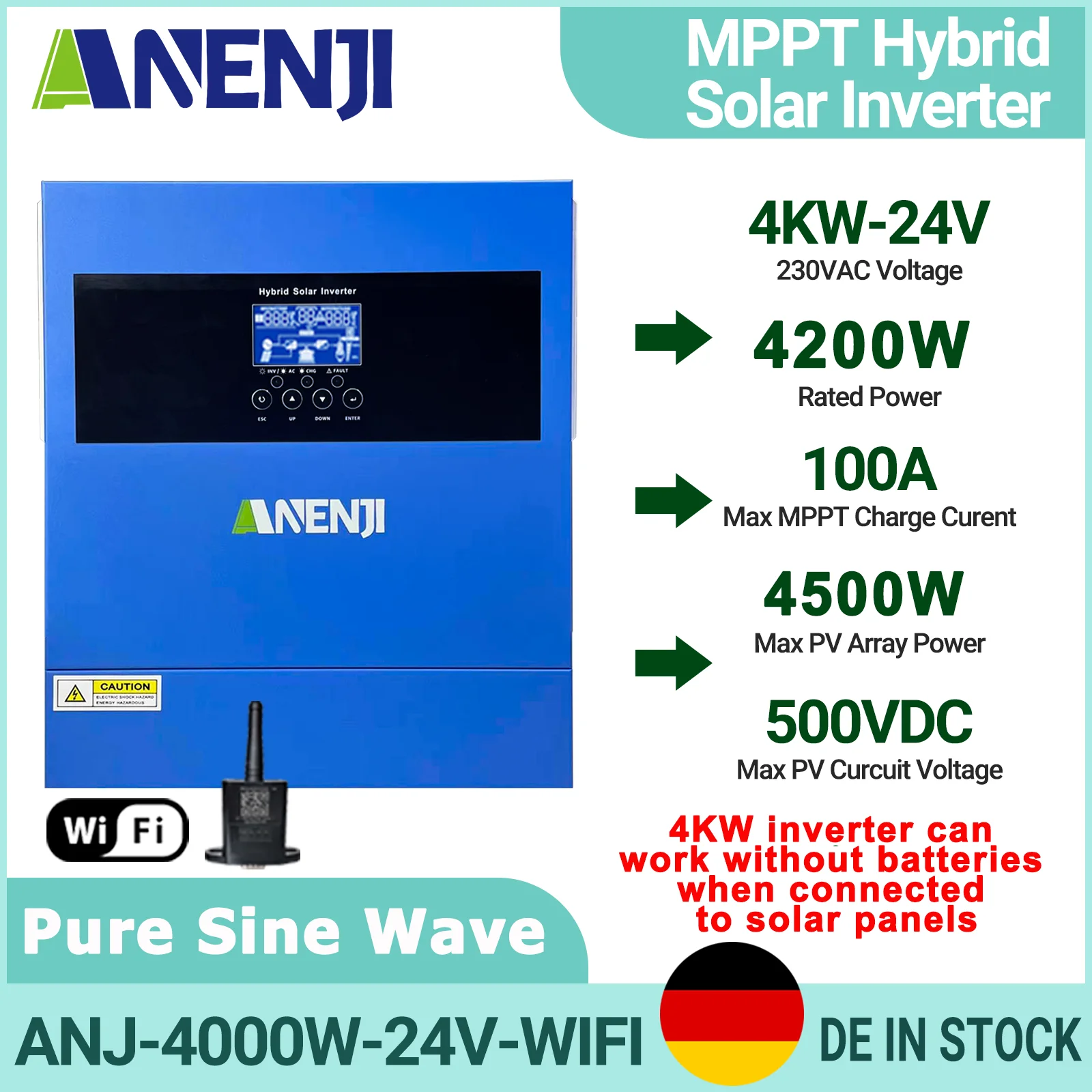 4KW MPPT Hybrid Solar Inverter Off Grid Inverter Pure Sine Wave Inversor 12V/24V MPPT 100A/60A Solar Charge Controller with WiFi