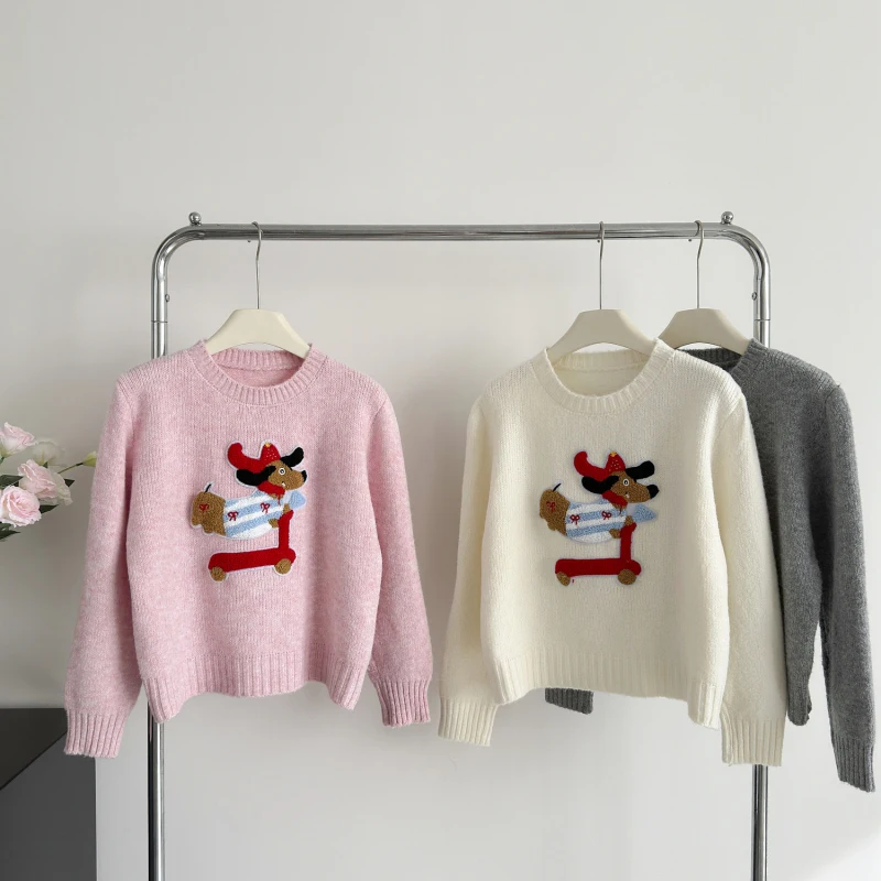 Cute Puppy Embroidered Sweater Women 2024 Autumn Winter New Round-neck Soft Waxy Knitted Sweater Female Pullover Tops