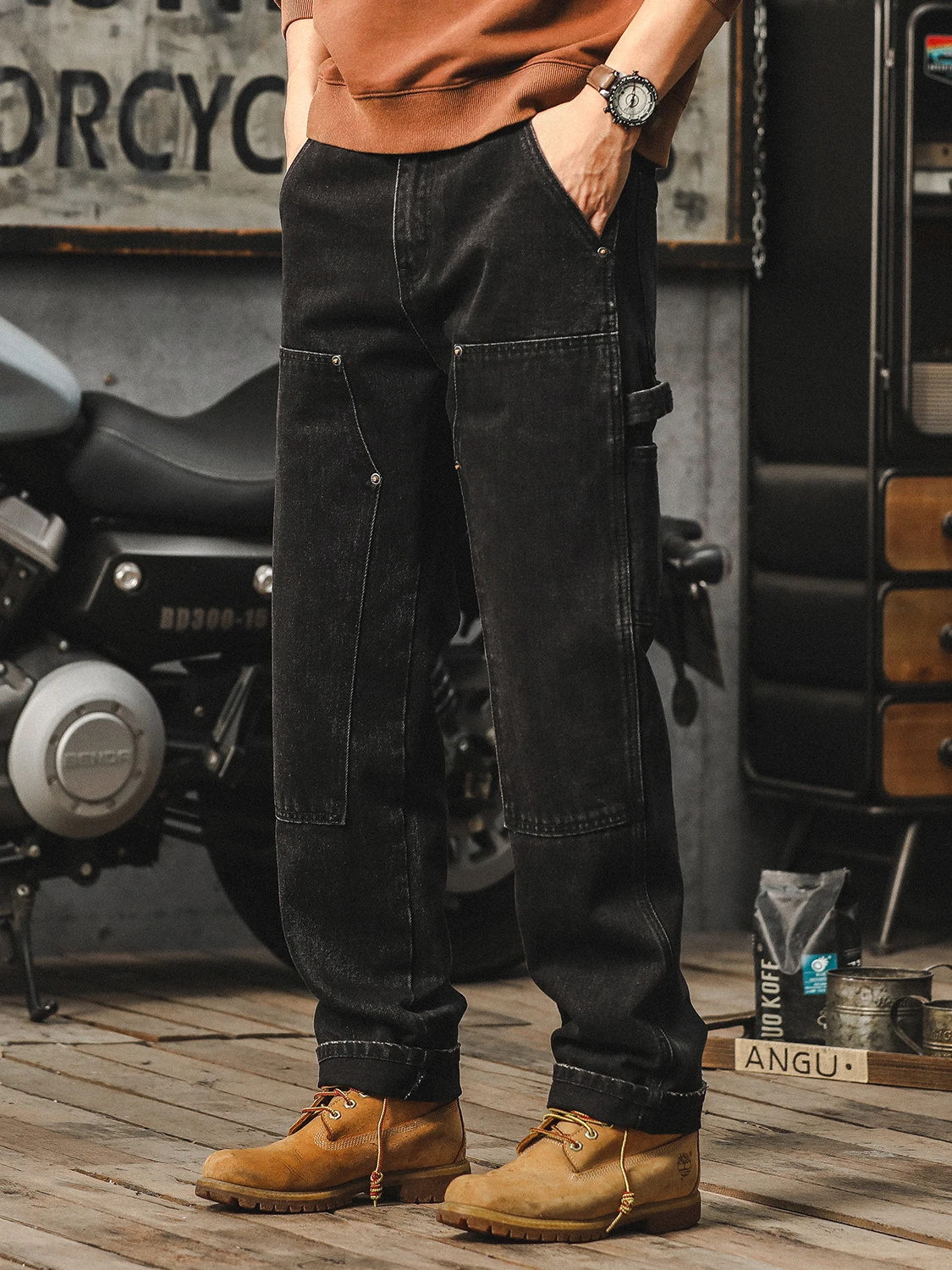 

Bla Men's Wide Leg Jeans American Retro Splicing Wooutter Casual Long Trousers High Street Cool Waed out Faion