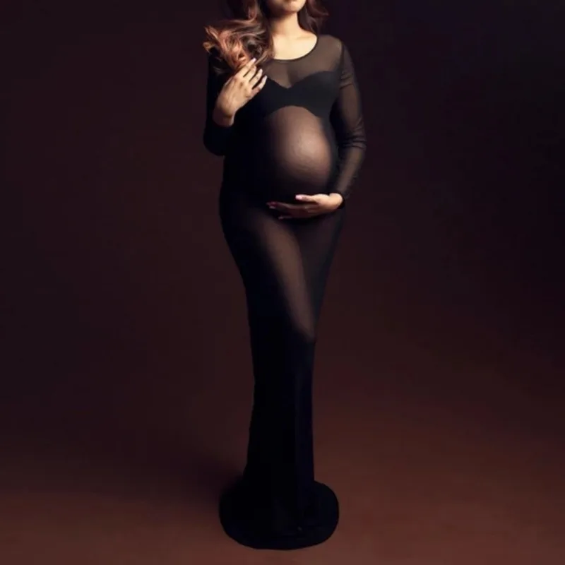 

Elastic Maternity Photography Dress Sexy Tulle Dress Long Sleeve See-through Pregnant Women Clothing Photo Shoot Props