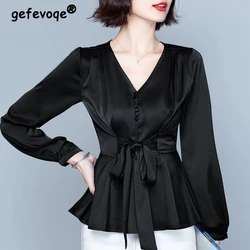 New Spring Autumn Women Fashion Elegant Lace Up Blouses Office Lady Casual V Neck Slim Shirts Black Long Sleeve Tops Blusa Mujer