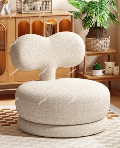 Rotatable Lamb Wool Sofa Stool, Solid Wood Low Chair with Backrest for Home Living Room Relax