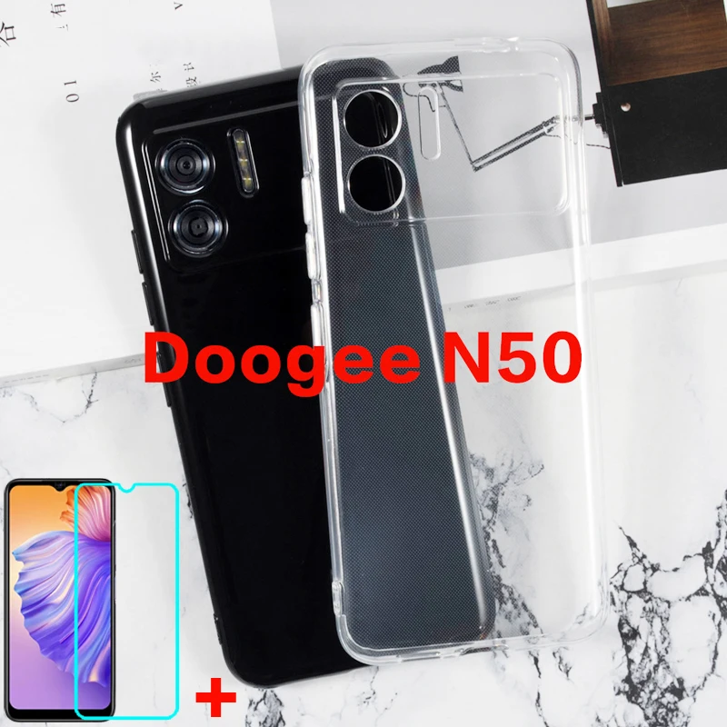 

2 в 1 закаленное стекло Для Doogee N50 чехол Силиконовый противоударный мягкий ТПУ прозрачный чехол для телефона Etui Doogee N50 защита для экрана