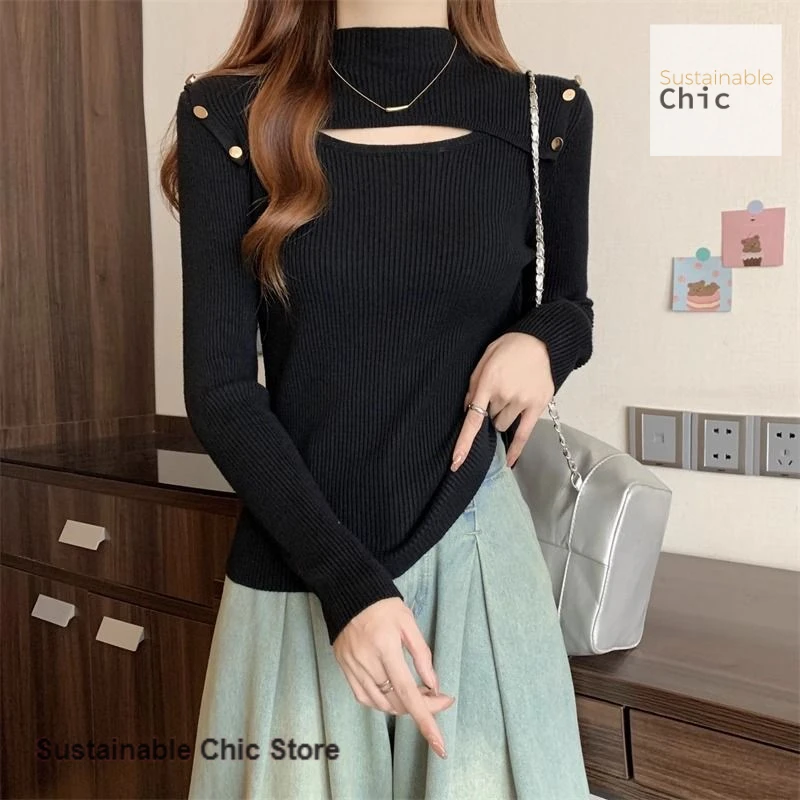 

French-style hollow half-high-necked thick knitted bottoming shirt for women's autumn and winter fashion casual Joker sweater