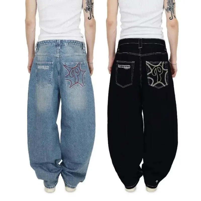 

2024 Embroidered Jeans Men Hip Hop Straight Leg Wide Leg Y2k Jeans Streetwear Letters Casual Simple Loose Jeans Women Hot Sale
