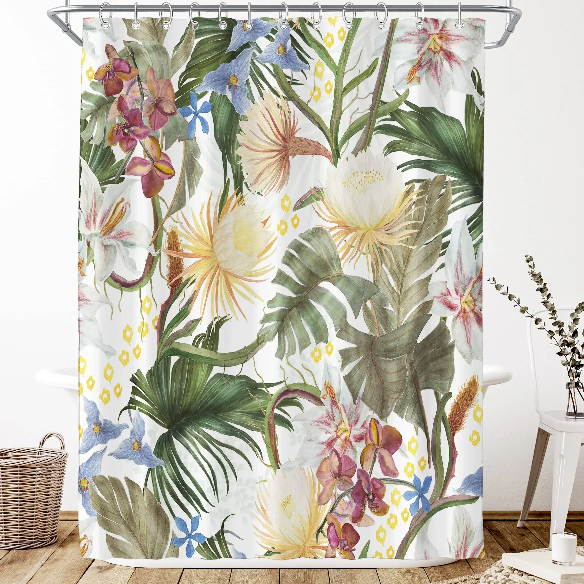 Watercolor Flower Shower Curtain, Vintage Plum Blossom Tropical Plant Green Leaf Bird Elegance, Bathroom Decor Set With Hooks