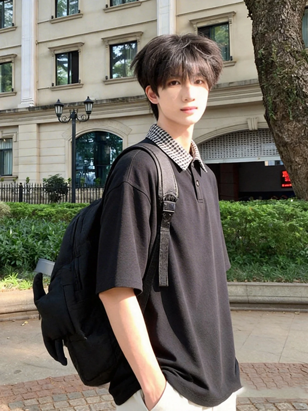 Black  Shirt Men's Summer Short Sleeve Plaid Patchwork CleanFit Shoulder Flip Collar Trendy Casual Pure Color Top