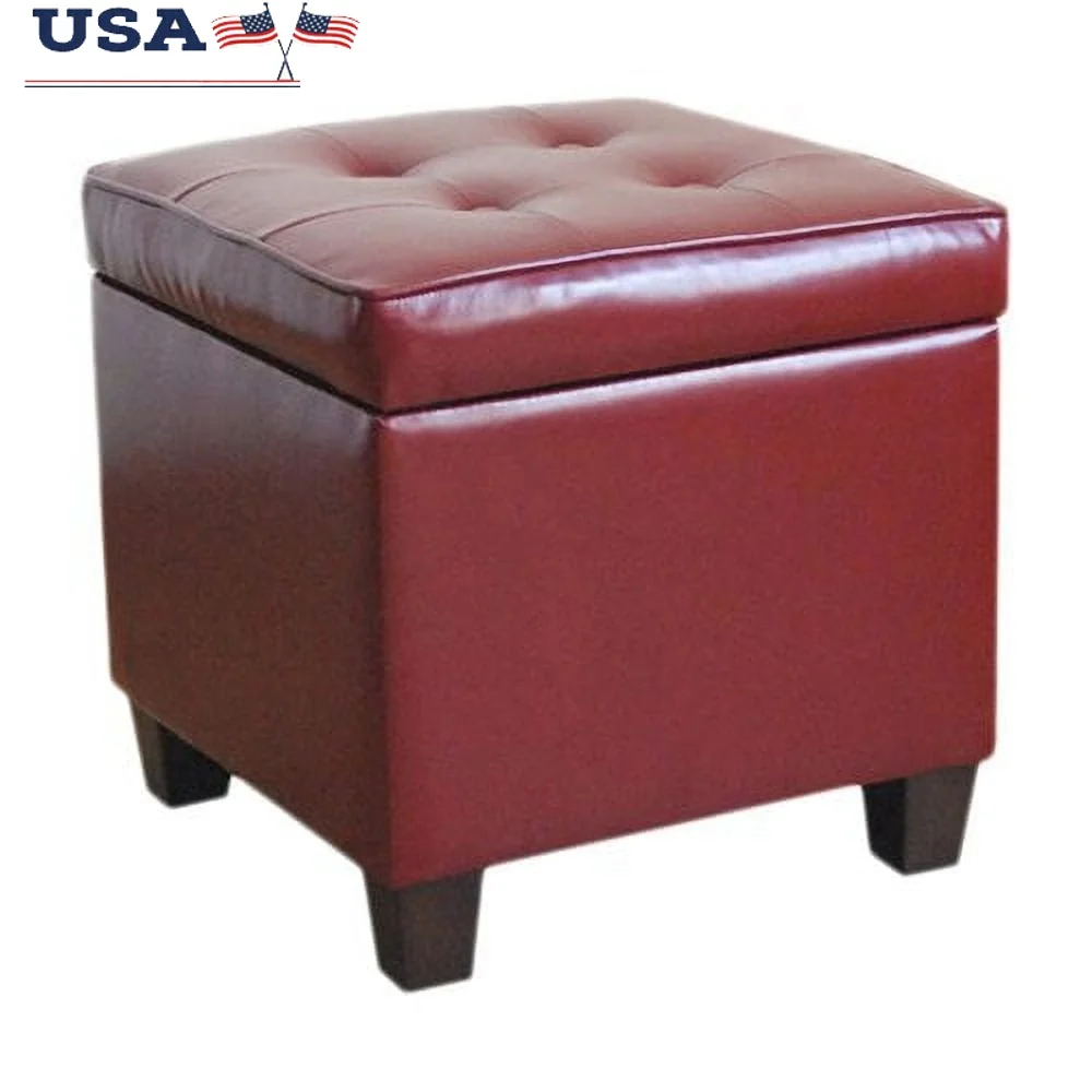 

Square Tufted Storage Ottoman Faux Leather Easy Access Hinged Lid Indoor Seating Storage Wood Legs Contemporary Design