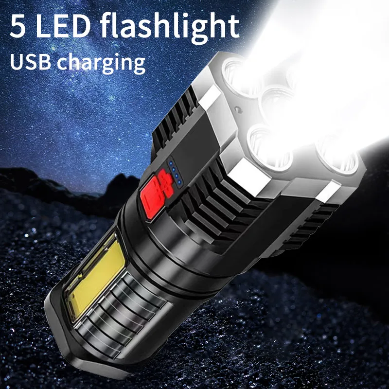 

5LED Portable Flashlight Rechargeable Torch COB Side Light 4 Lighting Modes Camping Adventure Spotlight With Power Display