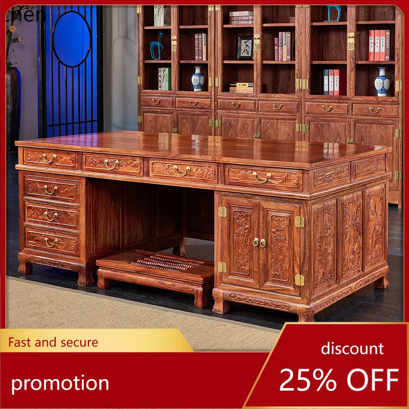 

CZ Redwood Office Desk and Chair Set New Chinese Style Solid Wood Rosewood Executive Desk Tabletop Desk