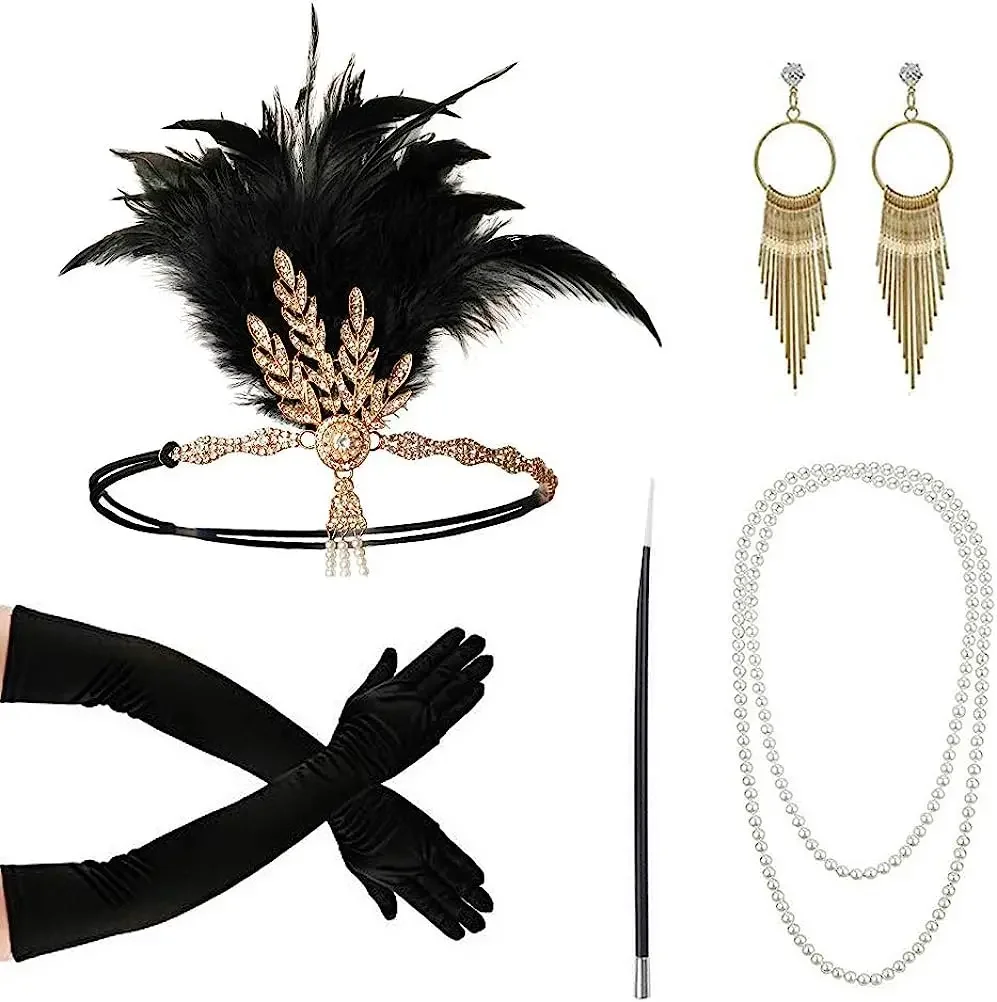 1920s Fashion Flapper Headband Cigarette Holder Long Gloves Pearl Necklace Great Gatsby Accessories for Women