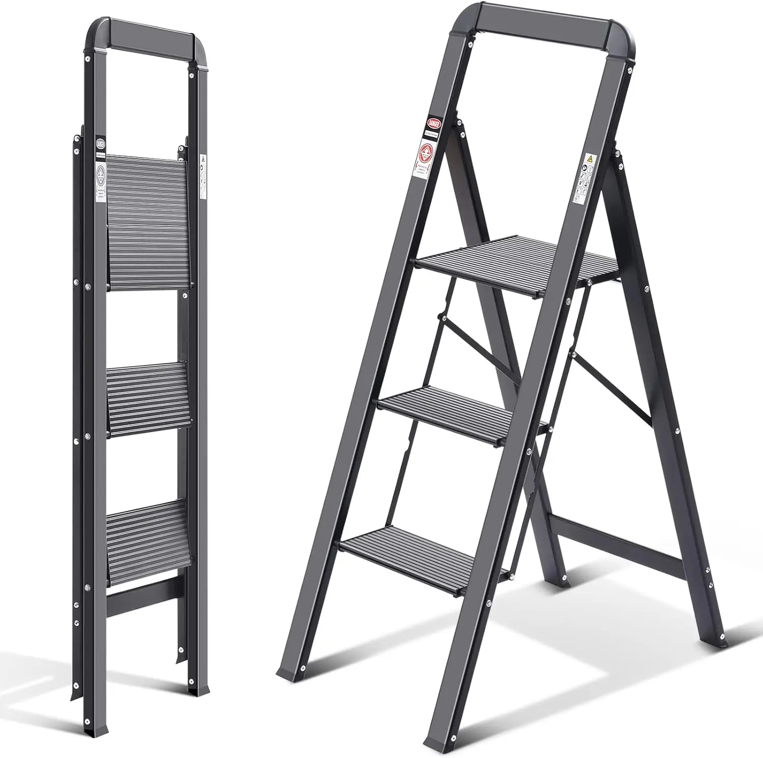 KINGRACK Escalera de Tijera 3 Peldaños, Escalera de Tijera Plegable con Barandilla, Escalera Doméstica Antideslizante con Mecani