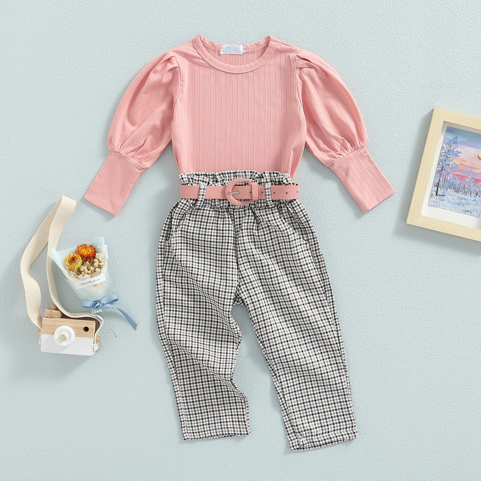 2022-06-20 Lioraitiin 0-6Years Toddler Girls 3Pcs Outfits Solid Ribbed Round Neck Long Sleeve Tops Plaid Long Pants + Belt Set