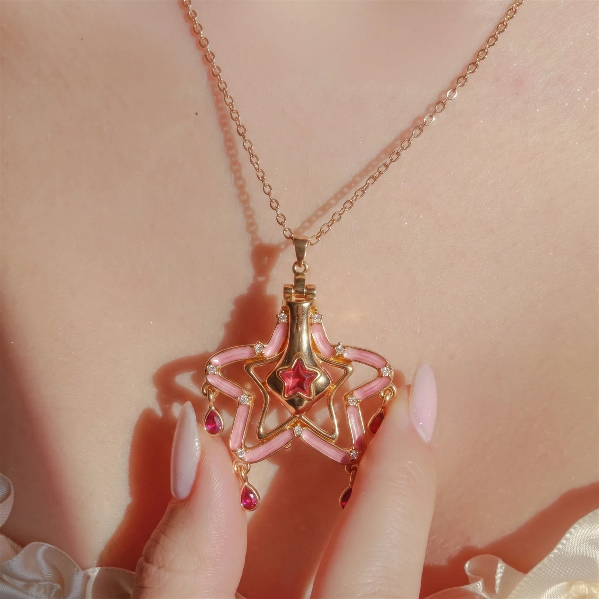 Cute Magical Girl Heart Bottle Necklace Fantasy Wand Enamel Zircon Pendant Gold Silver Chain Anime Cosplay Jewelry