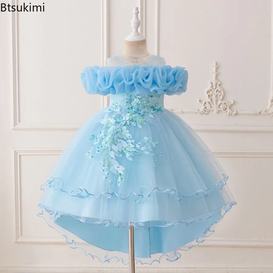 Elegant Flower Bridesmaid Party Girl Dresses Fashion Tulle Wedding Birthday Princess Dress for Girls Graduation Pageant Costumes