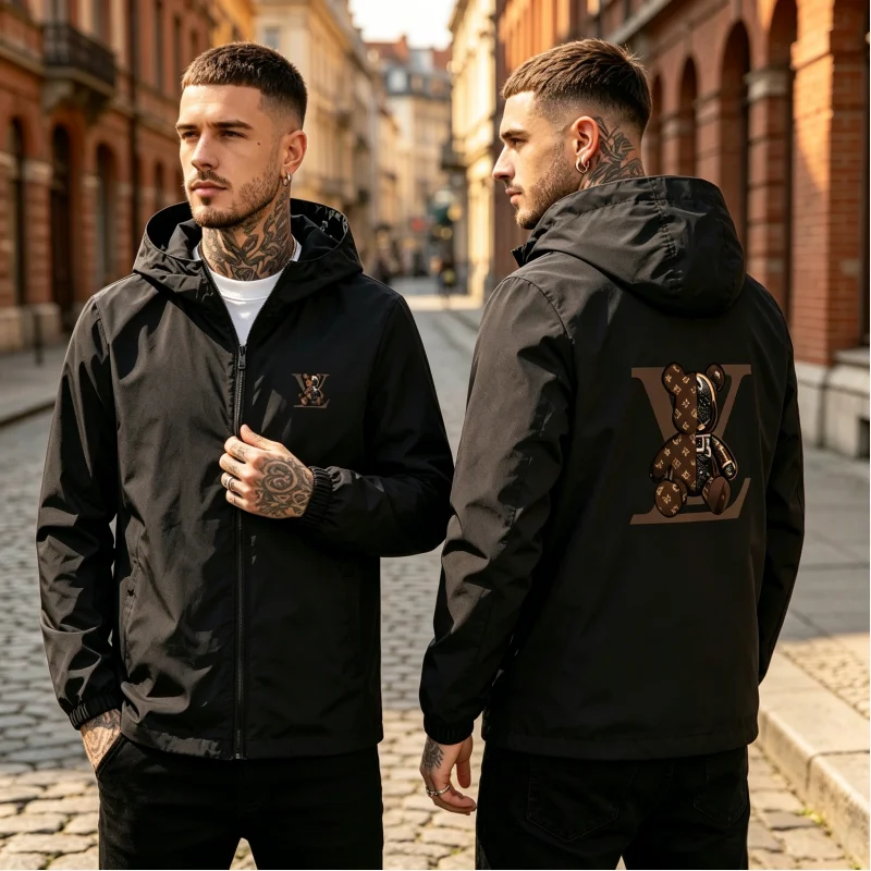2026 Spring Autumn Men Printed Hooded Windbreaker Full Zip Windproof Waterproof Oversized Casual Outdoor Sport Outer Jacket