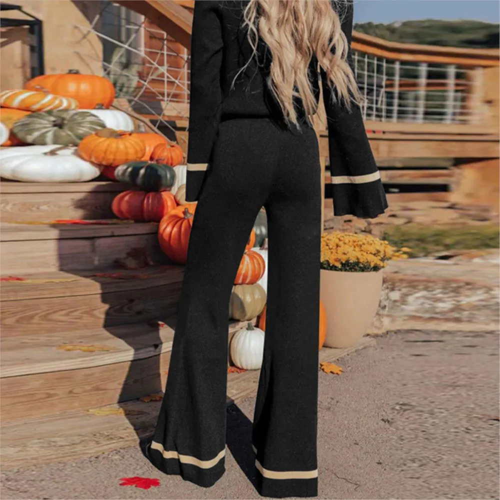 بدلة نسائية ذات ألوان متباينة مشذبة بدلة نسائية مكونة من قطعتين طقم ملابس مريحة وبسيطة ملابس منزلية دافئة #4