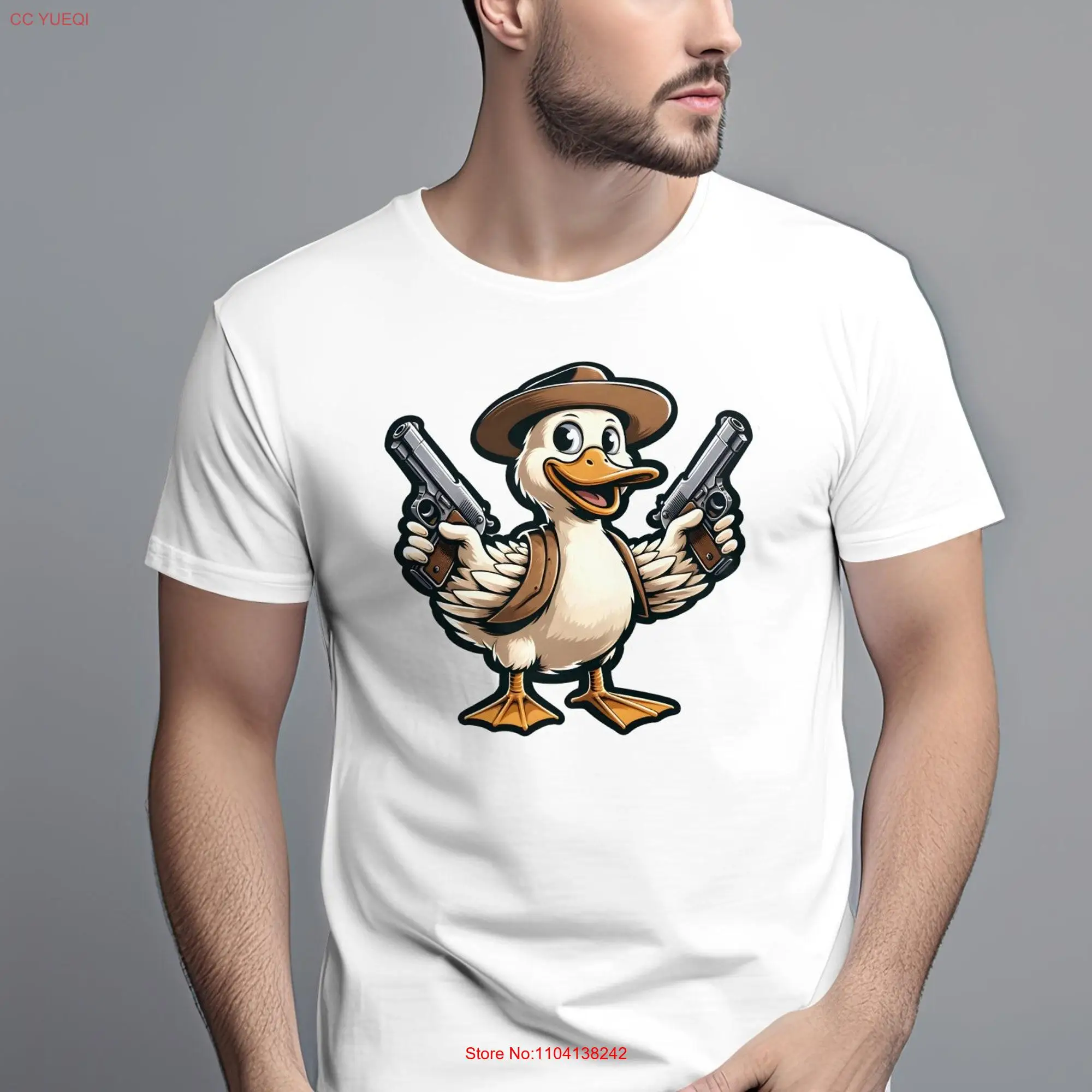 Duck Cartoon with Guns Funny Detective T Shirt Unique Animal Character long or short sleeves