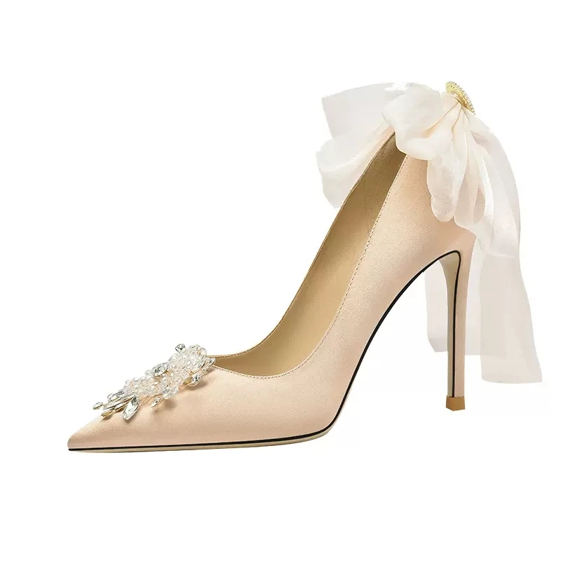 Spring and summer pointed silk satin diamond pearl ribbon single shoes thin high heels banquet dress large and small women shoes