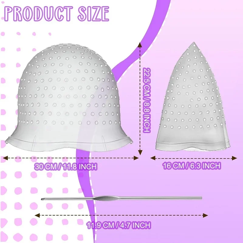 2Set Silicone Hair Coloring Cap Reusable Highlight Cap Frosting Cap with Hook Needle Professional Hair Salon Tools Dyeing Kit
