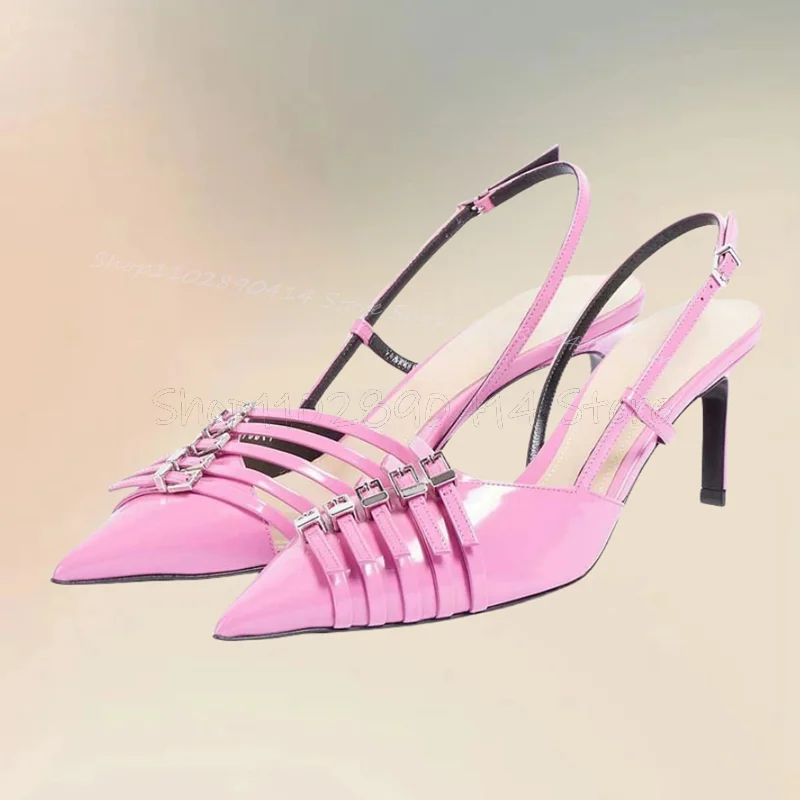 

Pink Buckle Decor Hollow Cut Heel Pointed Toe Pumps Buckle Strap Women Shoes Thin High Heels Fashion 2024 Zapatos Para Mujere