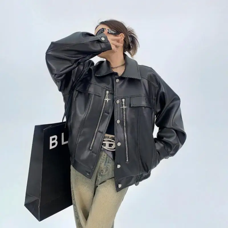 Tawaaiw American Retro Pu Leather Jacket Women Zipper Turn-down Collar Black Streetwear Autumn Winter Loose Outerwear Coats Chic