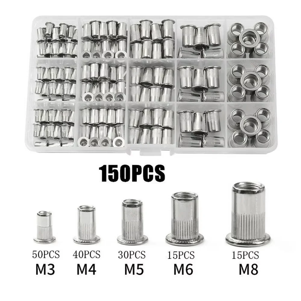 XLGYLPRO 150Pcs 304 Stainless Steel Rivet Nut Assortment Kit M3-M8 Flat Head Threaded Insert Blind Rivnuts Multi-Size Set