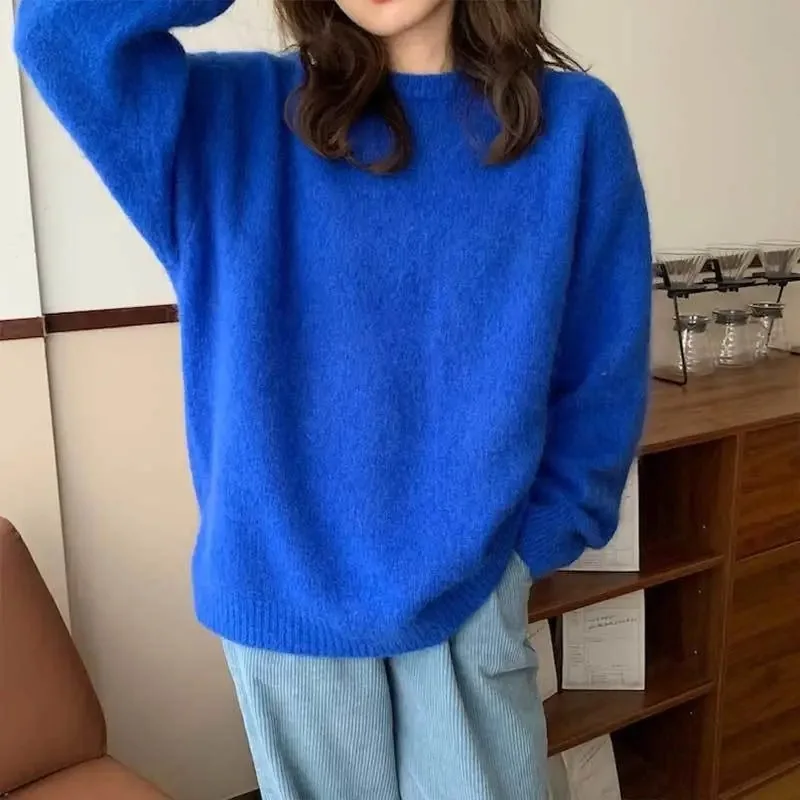 Soft Blue Mohair Knitted Loose Pullovers Autumn Winter Round Collar Thick Warm Long Sleeve Sweater For Women Casual Lazy Jumpers