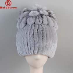 Russia Hot 100% Genuine  ladies elegant princess beanies Hats Winter Real Fur Hat Women Good Elastic Knitted Rex Rabbit Fur Caps