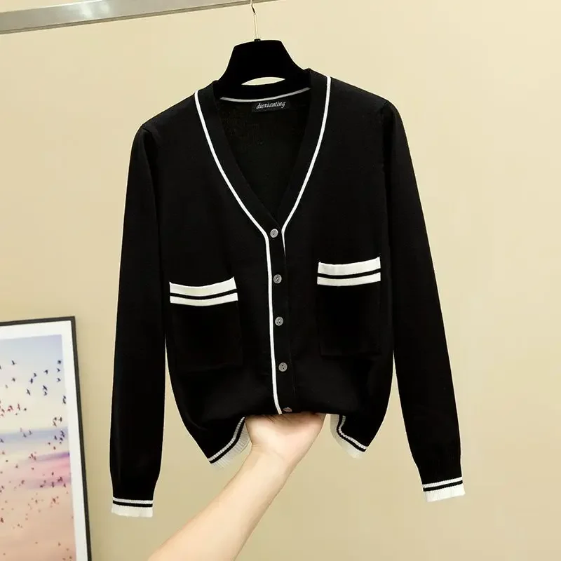Women's Knit Cardigan V-Neck Patchwork Sweater