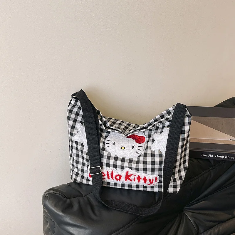 

Женские сумки через плечо в стиле аниме Hello Kitty, женская милая универсальная сумка-тоут с мультяшным принтом в клетку, холщовая сумка Kawaii